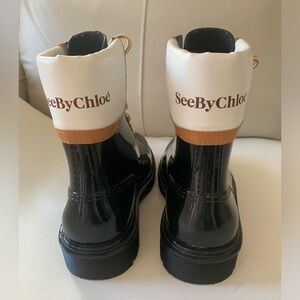 See by Chloe Black Patent Lace-Up Ankle Boots with White & Tan Collar Size 7.5
